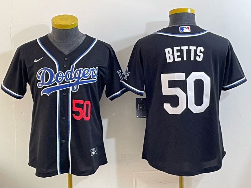 Women Nike 2026 Los Angeles Dodgers #50 Betts Black Game MLB Jersey 04